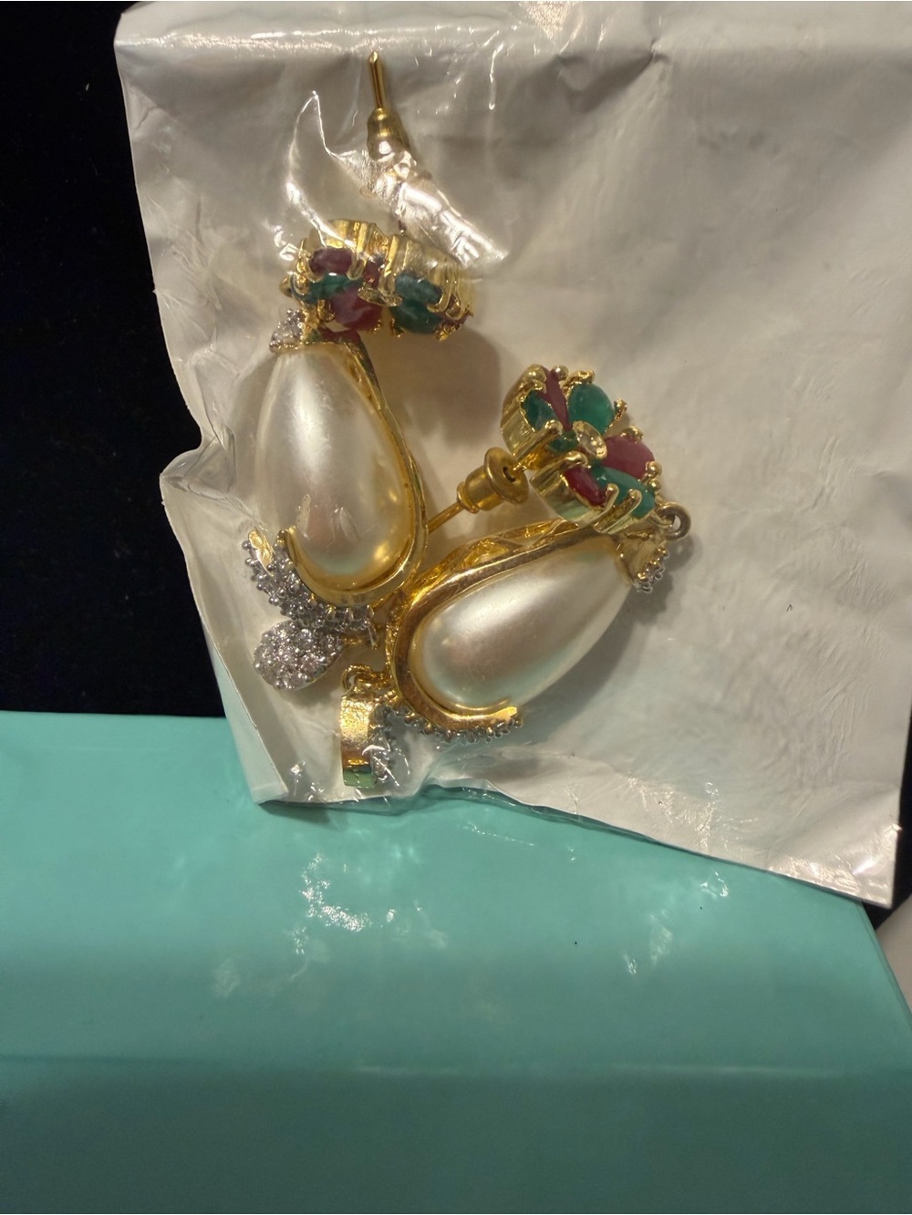 Gold Teardrop Pearl Earrings with Green and Pink Stone Accents